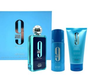 ESTUCHE AFNAN 9 AM DIVINE UNISEX 3PZS 100ML EDP + GEL DE BAÑO + DESODORANTE