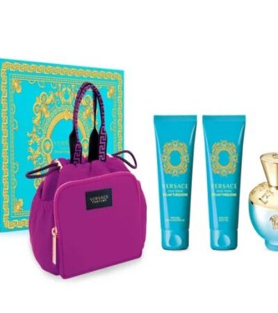 VERSACE ESTUCHE DYLAN TURQUOISE MUJER 4PZS 90ML EDP + GEL DE BAÑO + CREMA + COSMETIQUERA