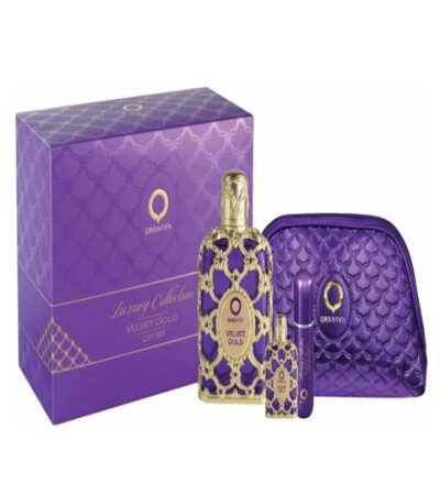 ORIENTICA ESTUCHE VELVET GOLD UNISEX 4PZS 80ML EDP + 10ML EDP + ATOMIZADOR + COSMETIQUERA