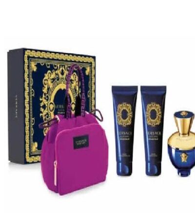 ESTUCHE VERSACE DYLAN BLUE MUJER 4PZS 90ML EDP + GEL DE BAÑO + CREMA + COSMETIQUERA