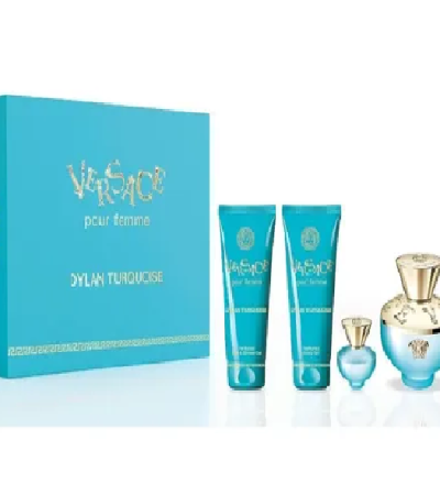 ESTUCHE VERSACE DYLAN TURQUOISE MUJER 4PZS 100ML EDT + 5ML EDT + CREMA + GEL